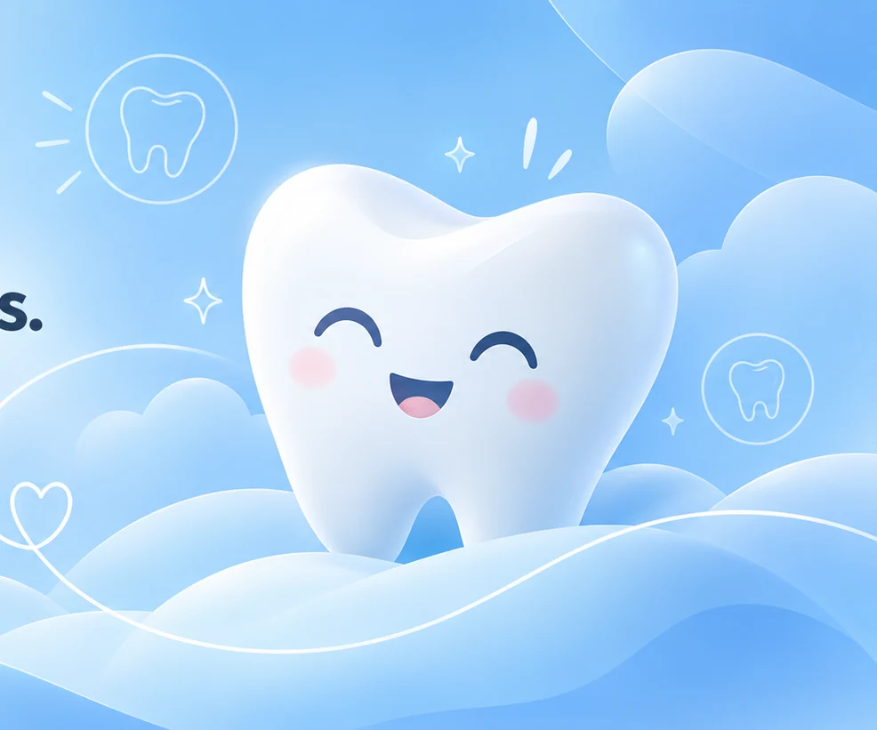 Ilustração de um dente sorridente sobre nuvens azuis
